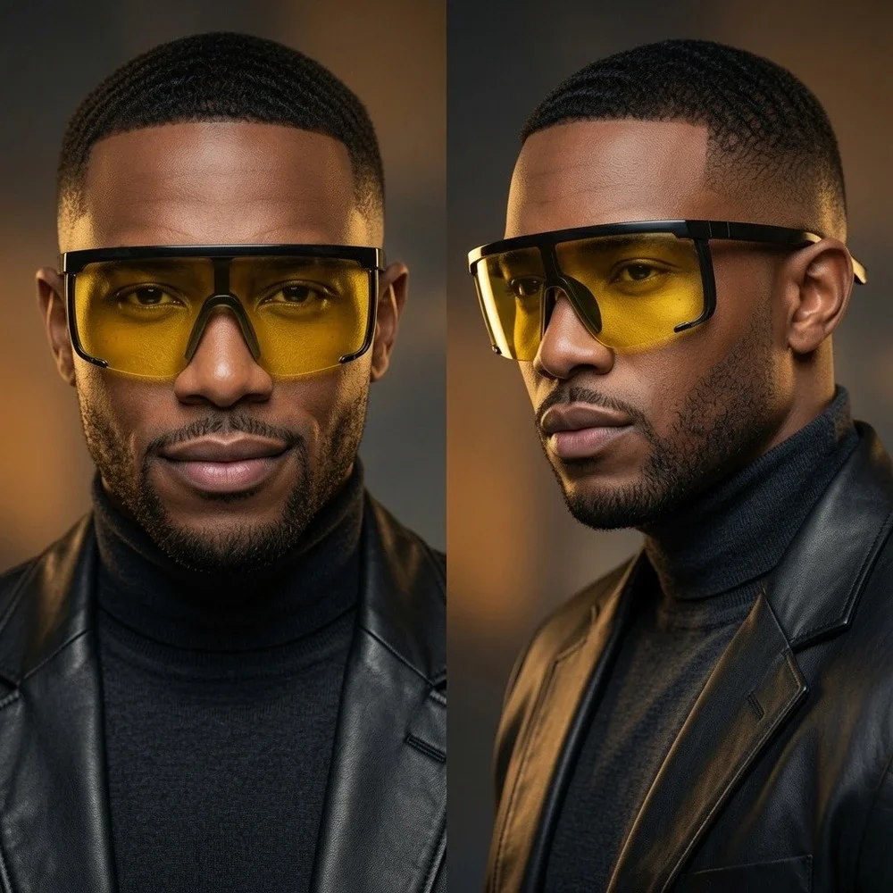 Mens Oversized Shield Sunglasses Yellow Lens Black Frame Flat Top Safety Eyewear
